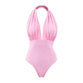 Dettagli del costume da bagno intero rosa con profondo scollo a V e vita increspata - S / Costume intero all'americana
