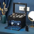 Uhrenbeweger aus Kohlefaser mit schwarzem Leder innen und blauer LED-Beleuchtung - Kohlefaser Schwarzes Leder / US Stecker