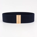 Macro detail of navy blue elastic waist belt with polished gold interlocking buckle - Navy Blue