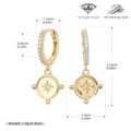 Detailed dimensions of S925 silver huggie earrings with gold starburst pendant - 925 Silver Yellow Gold Plated