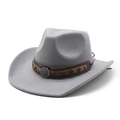 Close-up of light gray wool felt cowboy hat with brown leather band and star metal rivets - M(56-58cm) / Gray