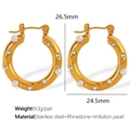 Golden C-shaped stainless steel hoop earrings with faux pearls and white rhinestones - Gold (EH467)