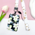 Floral ID card holder with matching wristlet strap and flower patterns in black and white - White Flower Lanyard / White Green