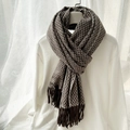 Brown and grey plaid cashmere scarf with fringes hanging on a soft white background - Item 2# Brown Plaid