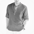 Detail of grey men's linen shirt showing stand collar, buttons, and fabric texture - M / Dark Gray