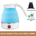 Portable 600ml blue silicone folding kettle set with storage bag and descaling agents - Button-style 3-piece Set (blue) / European Standard Plug (in Stock) 220v