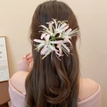 Detail of pink acrylic flower hair clip worn on long wavy hair from back view - 5# Duckbill Clip - Pink/White Gradient Lycoris Style