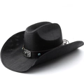 Black woven cowboy hat with leather band, vintage bull head metal buckle and turquoise beads - Black