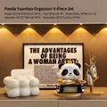 Panda figurine with gold tray set including tissue box and wooden key rack - Panda Yuanbao Storage 4-Piece Set C