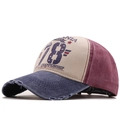 Berretto da baseball vintage in cotone lavato con patchwork e tesa dall'effetto consumato - Regolabile / Blu Navy e Rosso Vino