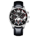 Men's stylish quartz watch with black leather strap and multi-dial chronograph display - Silver Case Silver Dial