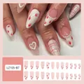 French style almond press-on nails with sweet strawberry art, pearls, and heart charms - Jelly Glue Type / LZ105-B7 Strawberry Daifuku