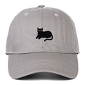 Close-up of grey cotton baseball cap featuring detailed black cat embroidery with yellow eyes - Adjustable / Gray