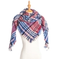 Plaid tassel scarf in red blue and beige checkered pattern on a mannequin - Burgundy