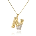 Macro shot of gold letter N pendant with sparkling pavé zircons on box chain - Letter N