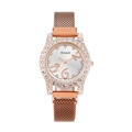 Close-up of rose gold mesh watch band with crystal-encrusted bezel and white sunray dial - Rose Gold