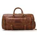 Vintage dark brown leather travel duffel bag with front buckle pocket and shoe compartment - 9802 / Brown