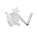 Piercing de nariz en L plateado con gema facetada y detalle de estrella pequeña - BD00660 Plateado/Planeta Estrella