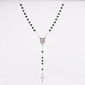 Detail of silver rosary necklace with black beads, Virgin Mary medal and cross pendant - Black