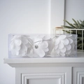 Close-up of three white glitter pinecone Christmas ornaments in clear packaging - Petal Style / Small