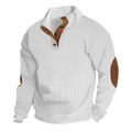Detail of white ribbed knit jacket with brown stand collar and decorative elbow patches - S / White