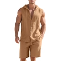 Completo uomo in lino kaki con camicia senza maniche con cappuccio e pantaloncini - Giallo Terra
