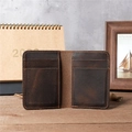 Vintage dark brown crazy horse leather card holder with four slots and orange stitching - 1088 Deep Brown