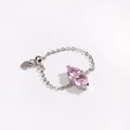 Detail of adjustable silver chain ring with two pink pear-shaped stones and heart charm - Adjustable Pull-out / Pink Zircon - Silver Color