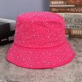 Close-up of sparkling rhinestones on a rose red foldable cotton bucket hat - M (56-58cm) / Rose Red with Colorful Rhinestones