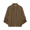 Brown women's bomber jacket with rolled sleeves and silver buckle details on white background - XS / Brown