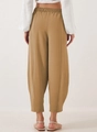 Detail of khaki high waist trousers showing back view and cotton linen fabric texture - Khaki