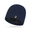 Dark blue winter knit beanie with soft fleece lining and brown leather patch - One Size / Navy Blue