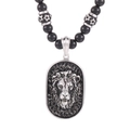 Retro stainless steel lion head pendant necklace with black beads and star accents - Steel Color (KN19395-BD)