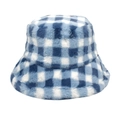 Close-up of soft blue and white plaid faux fur texture on the thick winter bucket hat - M(56-58cm) / Blue