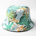Close-up of tropical leaf print and stitching on a reversible outdoor sun bucket hat - M (56-58cm) / Style G (Black with Colorful Leaves)