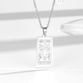 Silver Capricorn zodiac pendant necklace with rectangular tarot card design on white stand - Capricorn / Steel