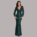 Elegant dark green sequined long evening dress with deep V-neck and mermaid hemline - US size 2 / Dark Green