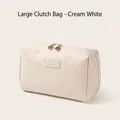 Creamy white woven PU leather travel cosmetic bag with double zippers and metal puller - Handbag Large / White