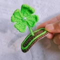Handmade crochet four-leaf clover hair clip with white pearl detail for baby girls - Four-Leaf Clover