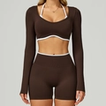Ensemble de yoga sans couture marron chocolat avec détails de bordure blanche - S / Long Sleeve+Shorts - Contrast Coffee/White