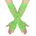 Neon green fishnet arm sleeves with rhinestones in a long fingerless party glove style - Fingerless Rhinestone / Green