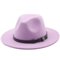 Detailed shot of lavender felt fedora with black leather band and silver rose buckle - M (56-58cm) / Taro Purple