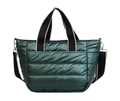 Quilted dark green puffer crossbody bag with striped handles and glossy finish - Striped / Green