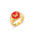 Detail of 18K gold plated ring featuring red enamel butterfly design and zircon inlays - US 6 / Red