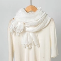 White linen scarf with delicate embroidery and tassel hem for elegant women - White