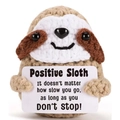 Handmade crochet positive sloth doll with motivational card on a white background - Sloth P Card