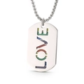 Silver dog tag necklace featuring LOVE hollow engraving and rainbow striped background - Silver Hollow LOVE Dog Tag Style (KP100468)