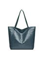 Dark teal crocodile embossed large tote bag with glossy finish and dual shoulder straps - Blue