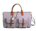 Light purple canvas garment bag with brown leather straps and dual buckled front pockets - Canvas / Light Grey Canvas