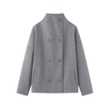 Women's minimalist double-breasted short wool coat in grey with a stylish stand collar - S / Gray